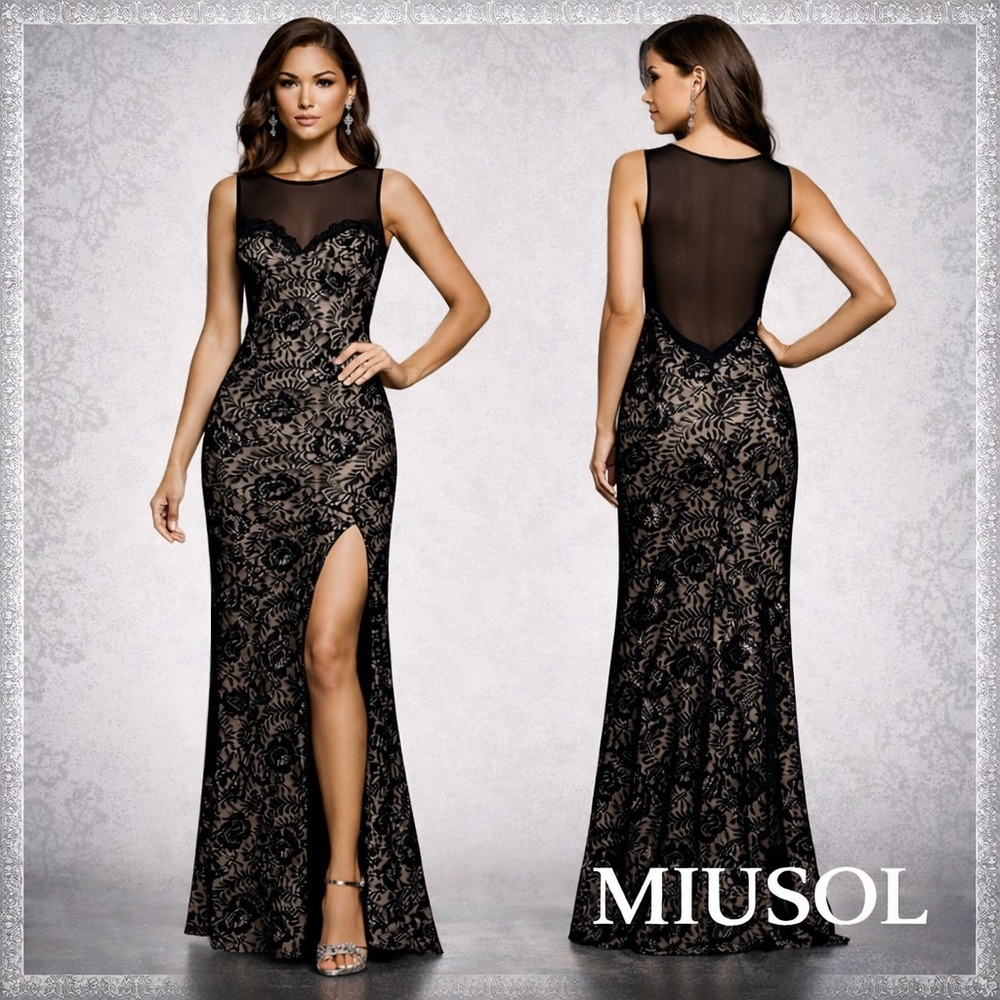 MIUSOL, Black-Lace Sheer-BackEvening Gown Formal Prom Slit Bodycon Dress SIZE S